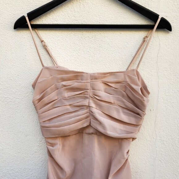 House of CB Railea Nude Taupe Corset Ruched Midi Sheer Chiffon Dress - Picture 4 of 7